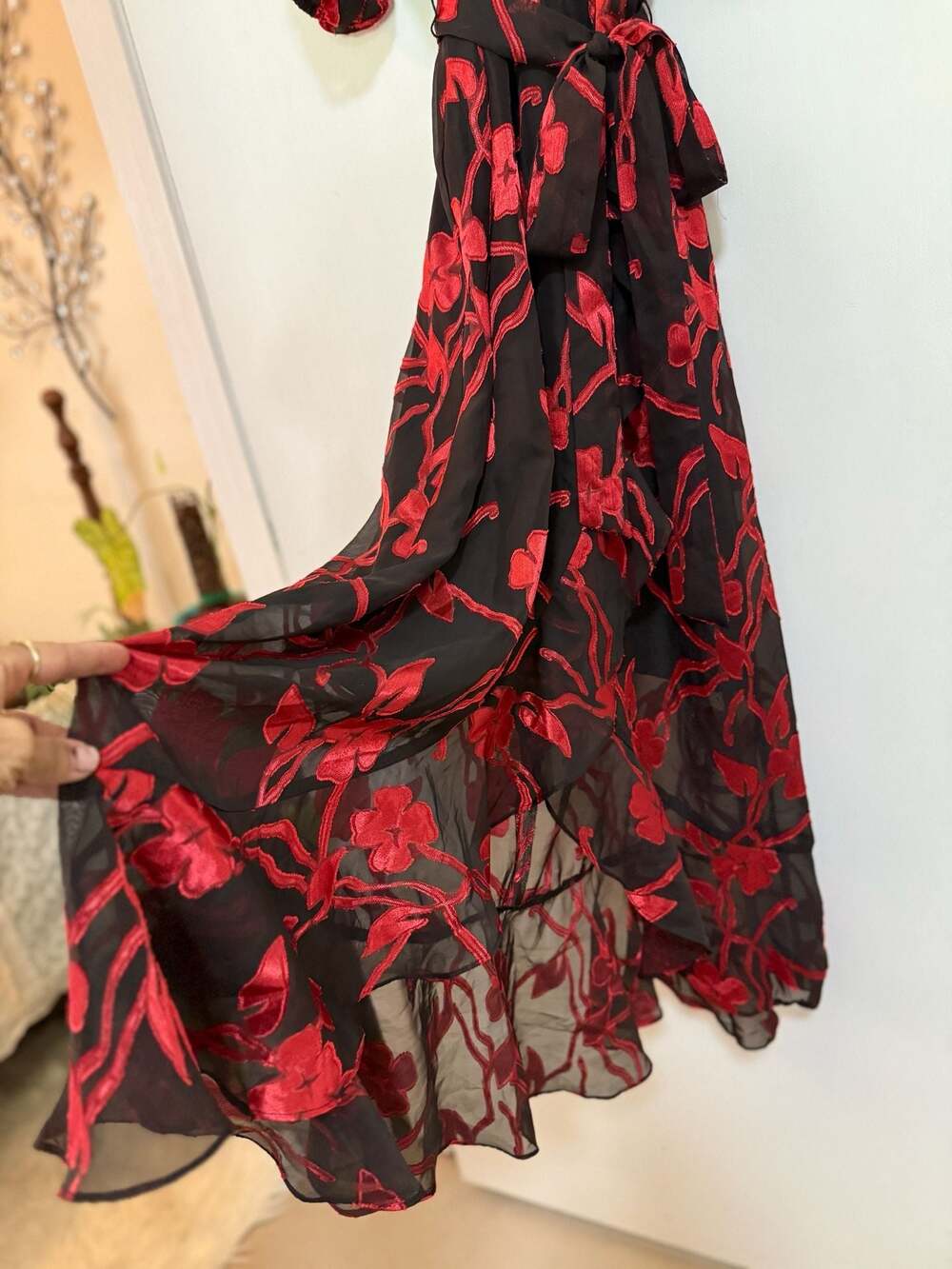 Kensie Women's Black and Red Floral Burnout Velvet Puff-Sleeve Wrap Maxi Dress, - Picture 3 of 5